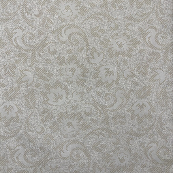 Beige damask floral wallpaper texture with swirling vines and paisley motifs in a decorative background pattern.